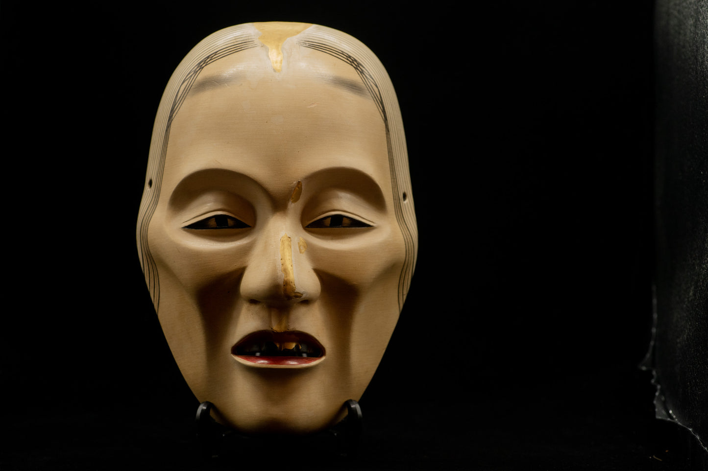 Signed Wooden Noh Mask Old Woman restored using traditional KINTSUGI technique