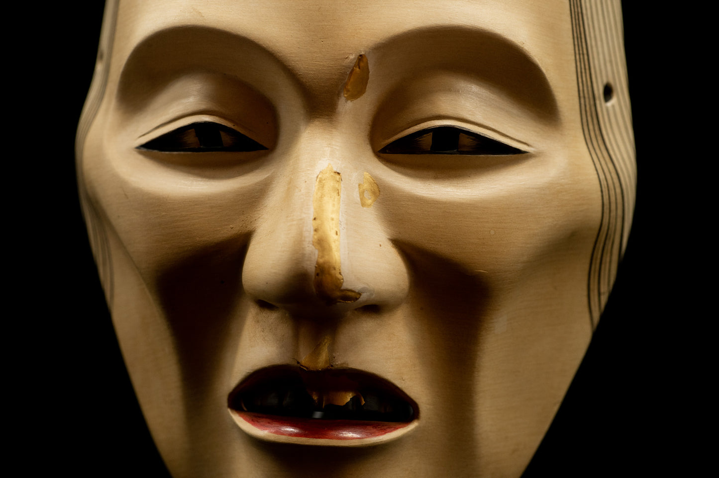 Signed Wooden Noh Mask Old Woman restored using traditional KINTSUGI technique