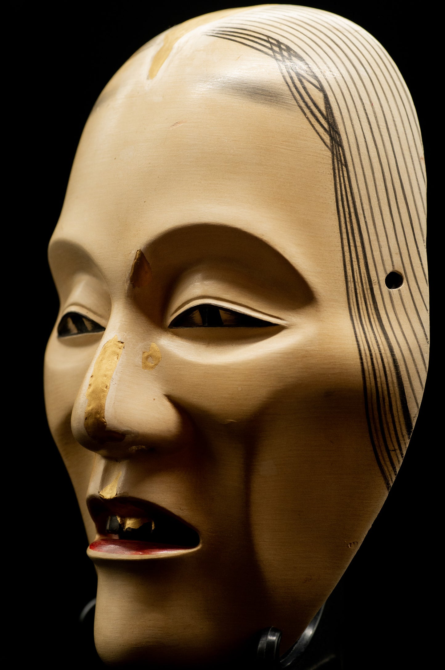 Signed Wooden Noh Mask Old Woman restored using traditional KINTSUGI technique