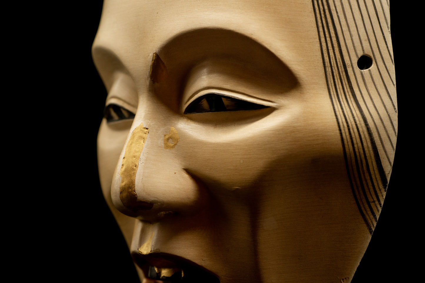 Signed Wooden Noh Mask Old Woman restored using traditional KINTSUGI technique