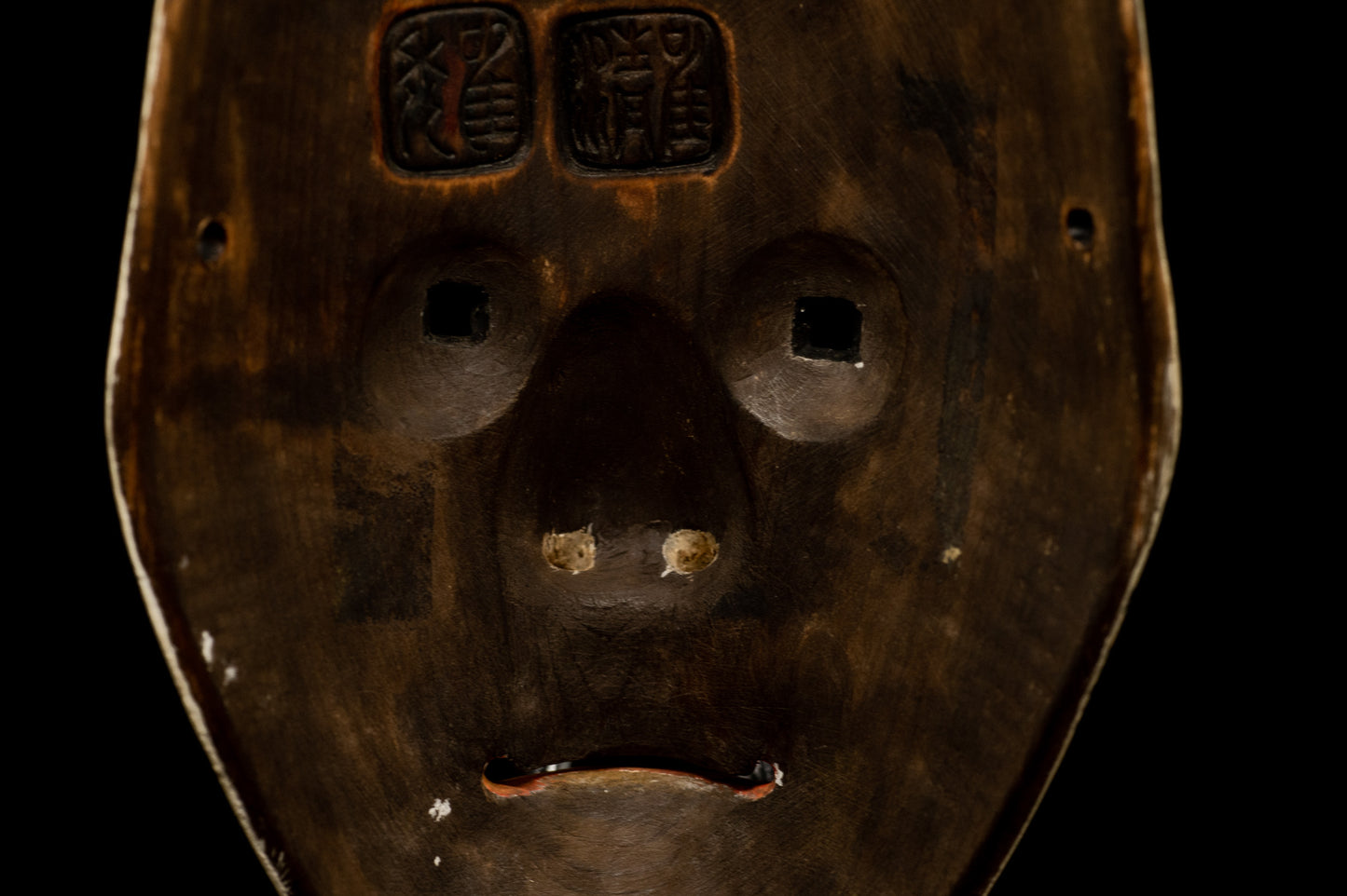 Signed Wooden Noh Mask Old Woman restored using traditional KINTSUGI technique