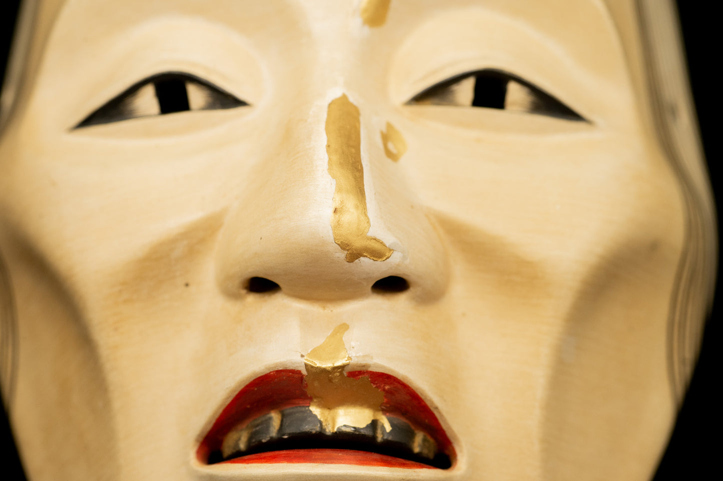 Signed Wooden Noh Mask Old Woman restored using traditional KINTSUGI technique