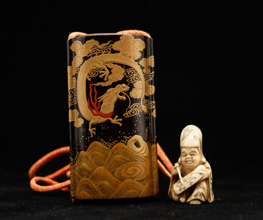 Dragon designed Makie Inro Jurojin w/Box Netsuke Japanese Antique