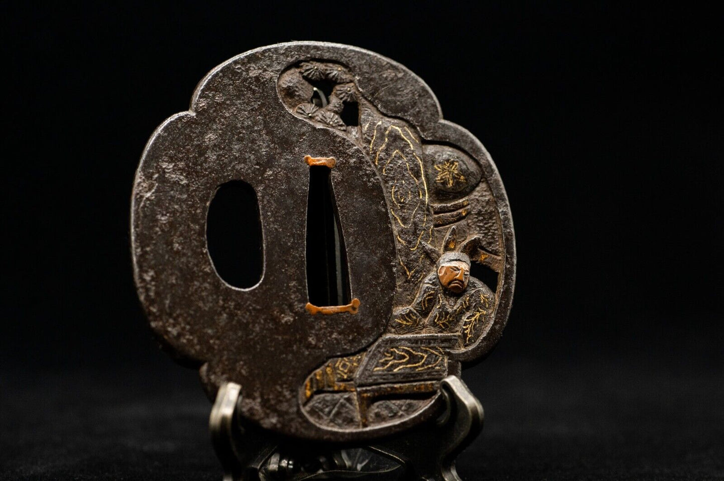 Edo Era Iron TSUBA Gold Copper Inlay w/Box SAMURAI Sword Guard Japanese Antique