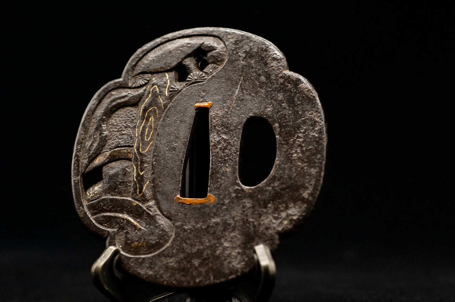 Edo Era Iron TSUBA Gold Copper Inlay w/Box SAMURAI Sword Guard Japanese Antique